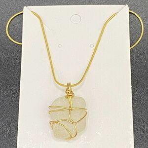 Gold Tone Wire Wrapped White Sea Glass Pendant Necklace